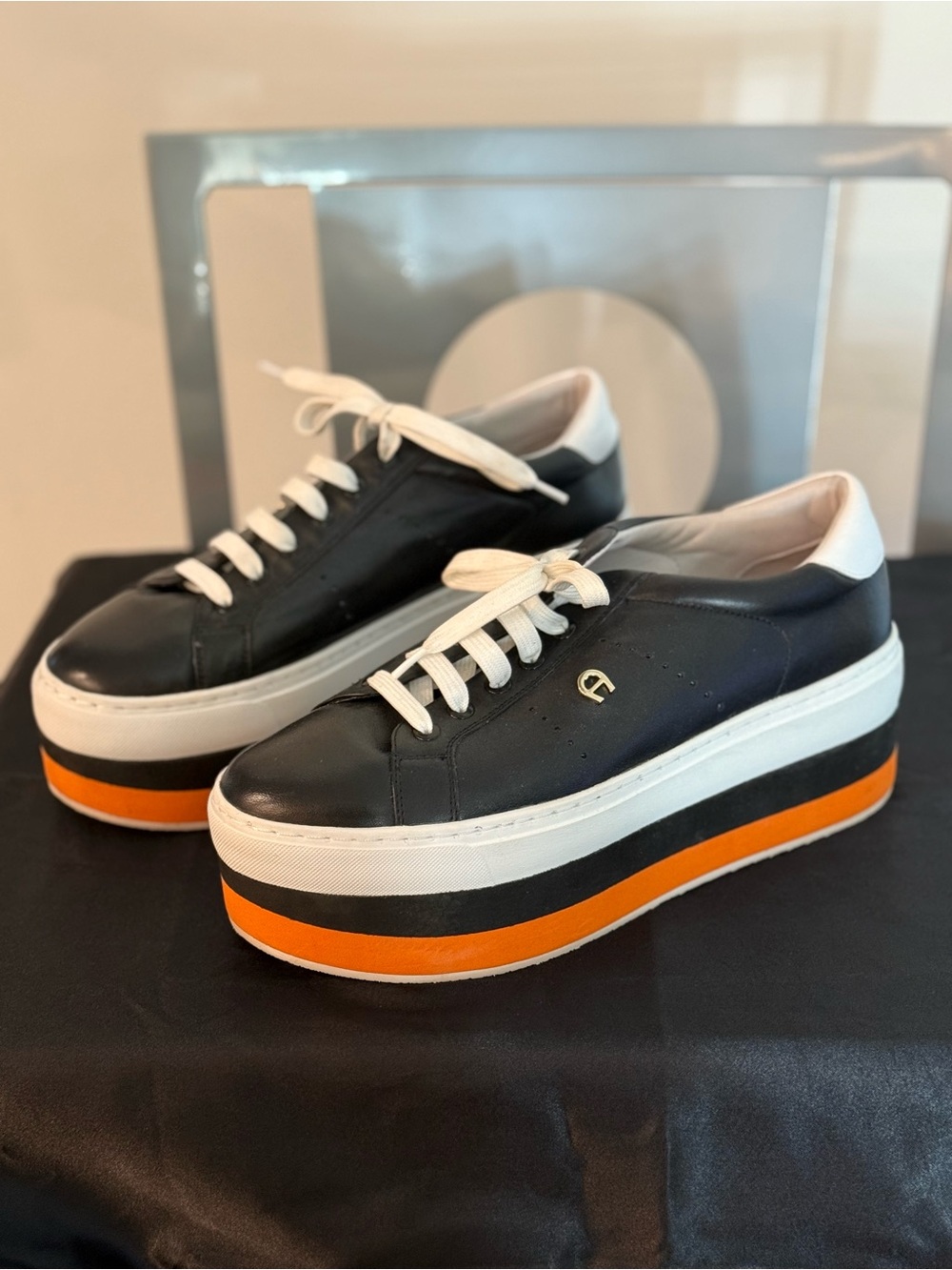 Etienne Aigner Black Leather Platform Sneakers with Orange Accent